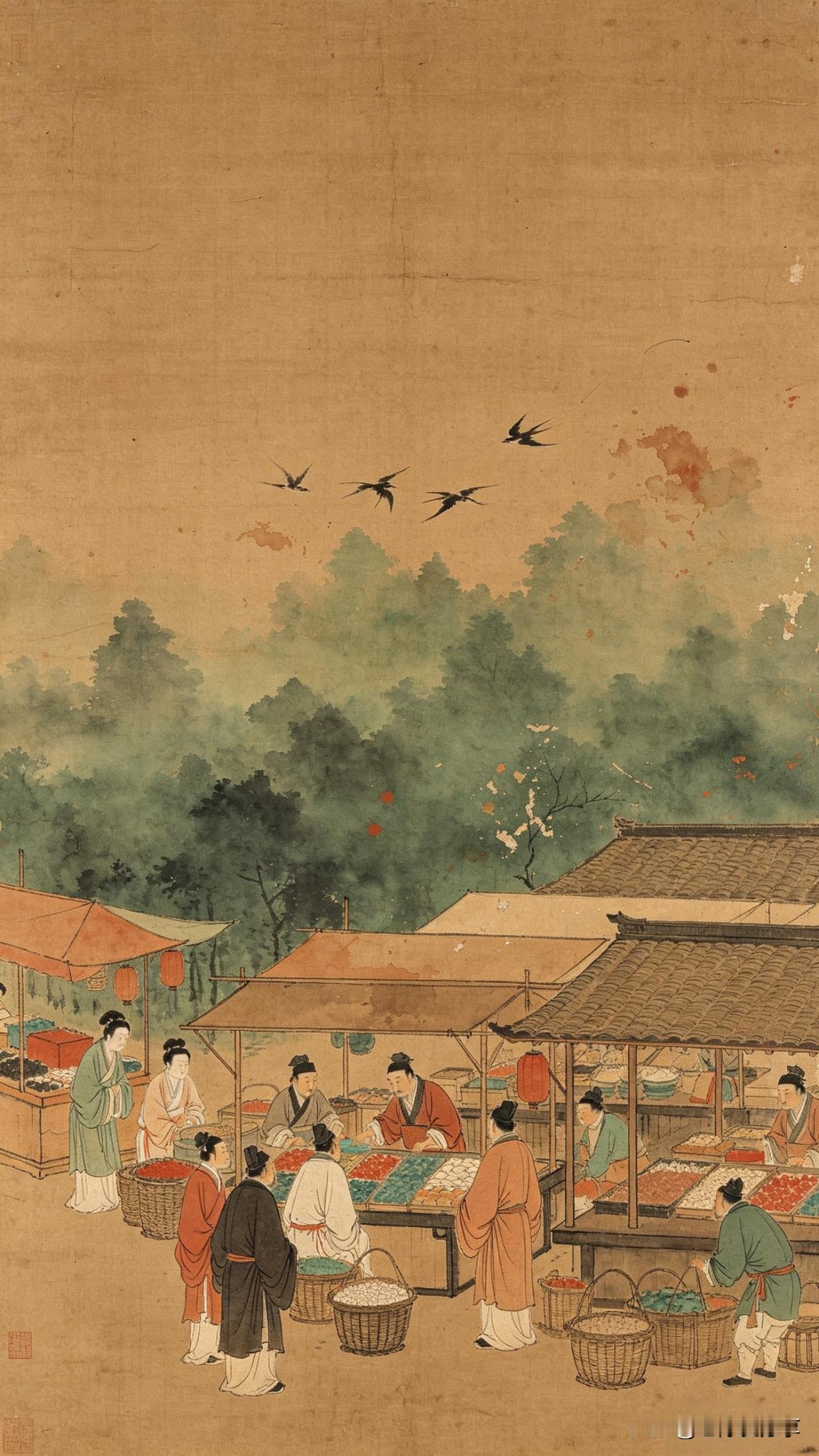 鹧鸪天·春郊集市

翠幕轻阴护野桥，呢喃紫燕掠云霄。
摊头五色鲜果满，树下清风暑