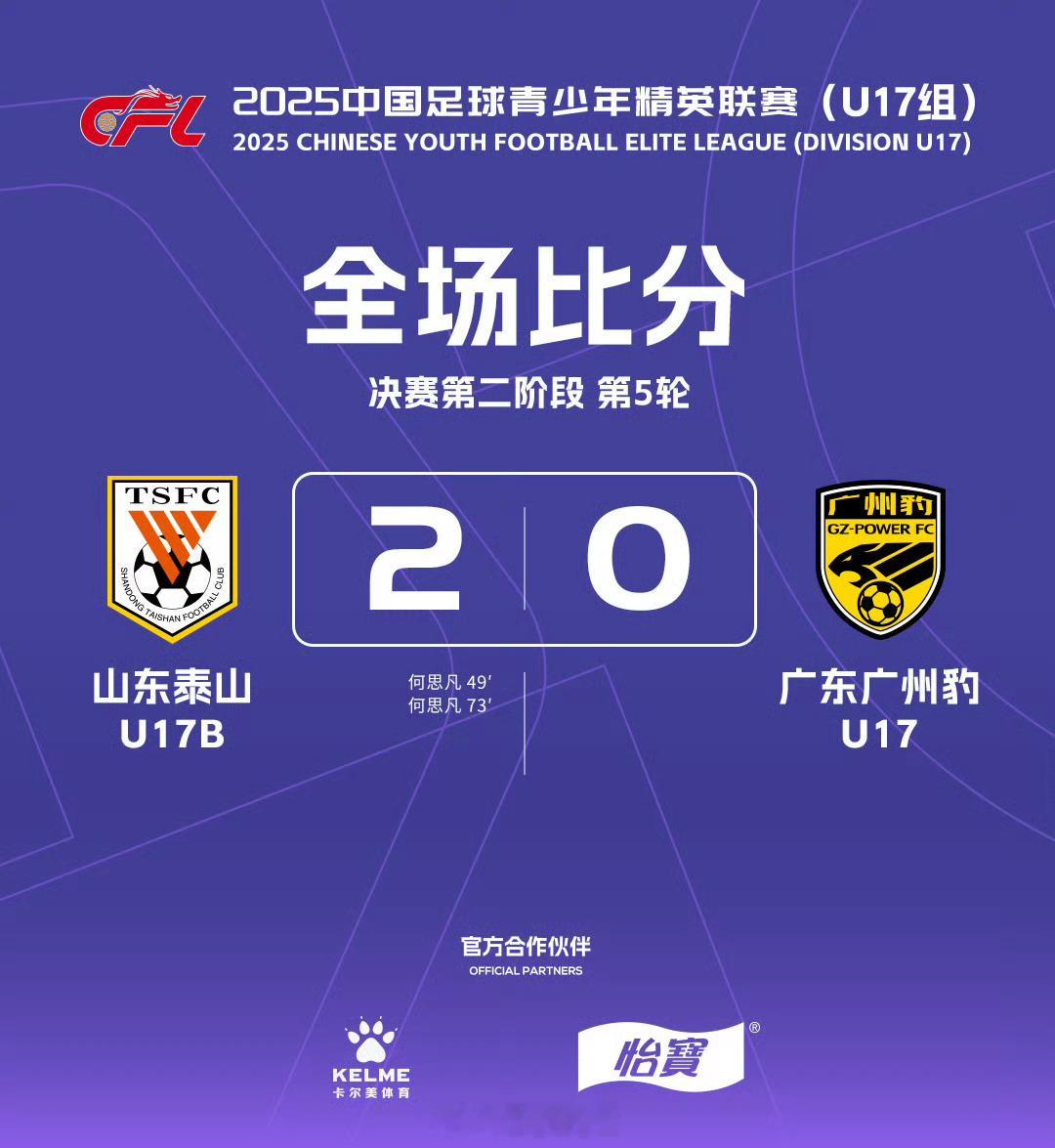 2025中国足球青少年精英联赛（U17组）决赛第二阶段第5轮赛果自由橙山东泰山