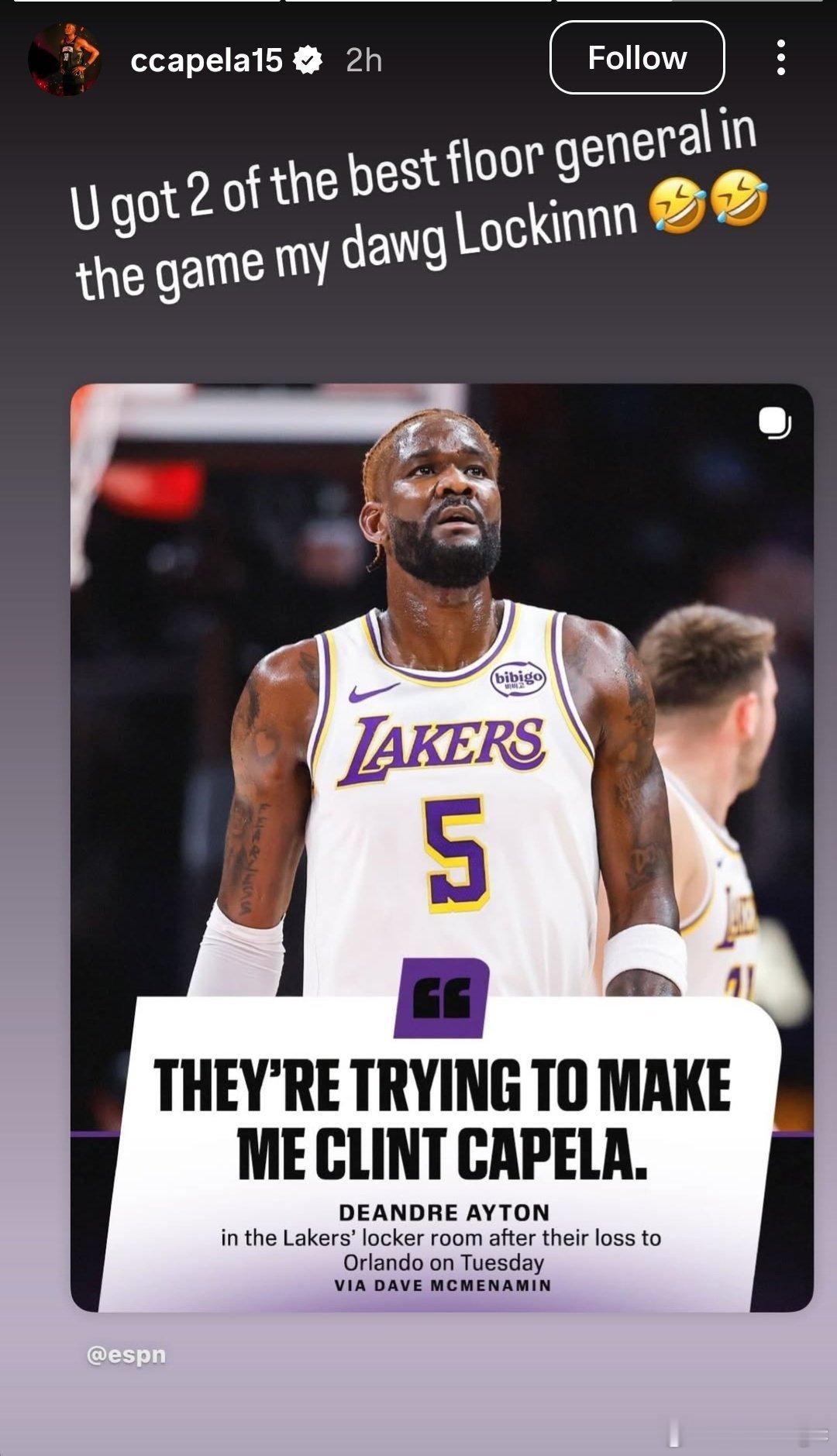 卡佩拉更新社媒回应艾顿：“你们有两个最好的球场指挥官，专注点吧兄弟！太阳绝杀湖人