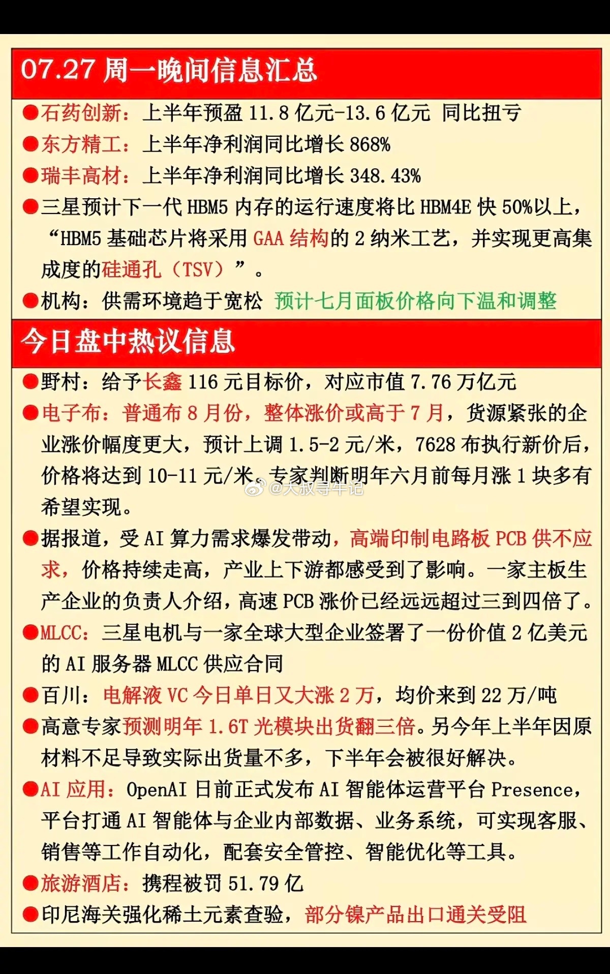 7.27周一  晚间财经信息汇总！1.电子布2.高端印刷电路板PCB3.MLCC