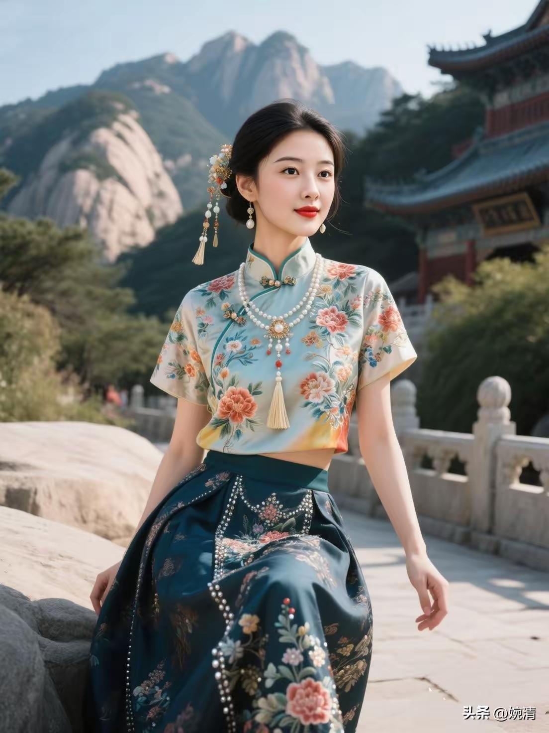 塞鸿秋·山风旗袍
青黛山光如描画，
旗袍一袭真丝雅。
青蓝渐变花枝姹，
盘扣流苏