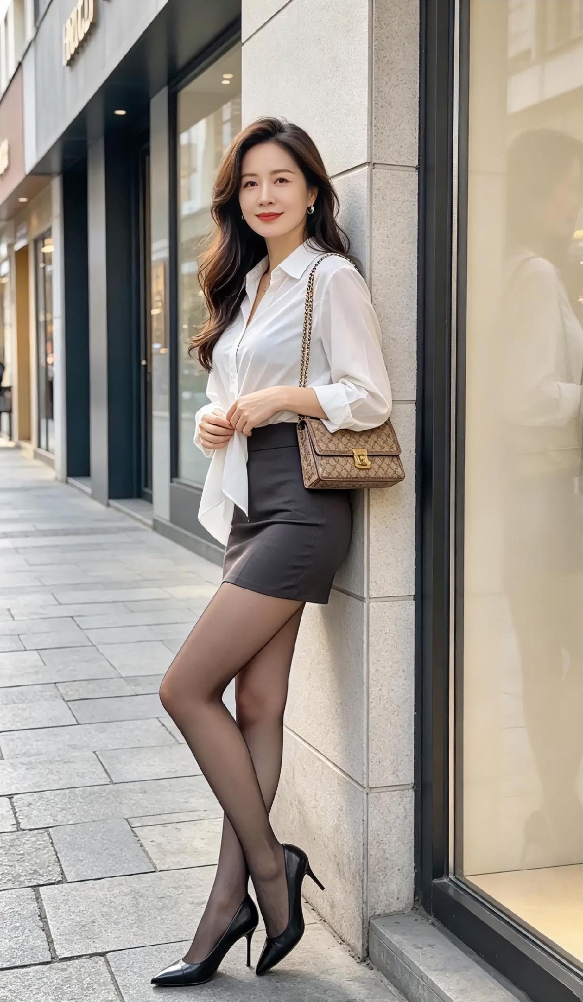 街角阳光正好，

白衬衫轻挽袖口，

短裙利落，步履从容。

链条包挨着肩，
