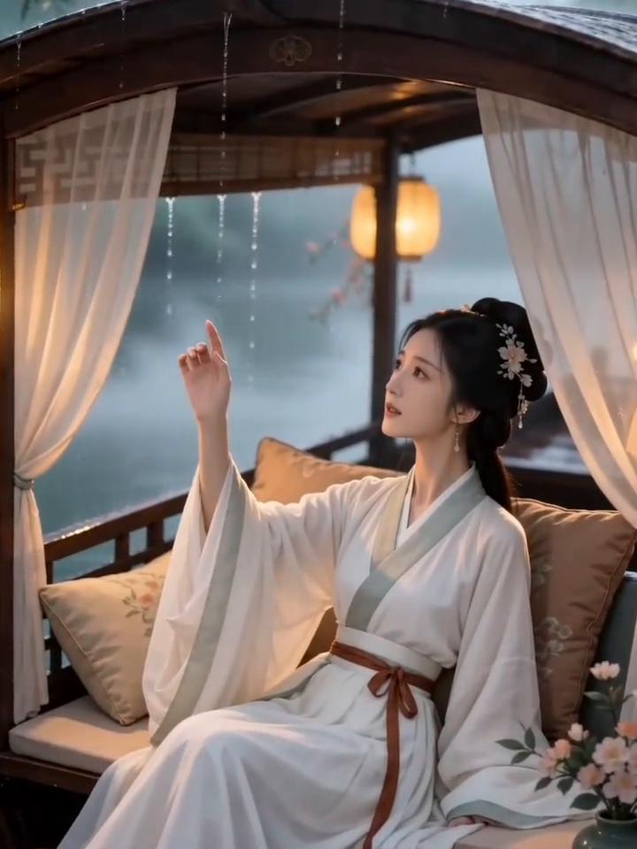 烟雨江南柳色新，画船轻泛水如尘。一帘灯火闲听雨，不问人间几度春。帘外萧萧细雨斜，