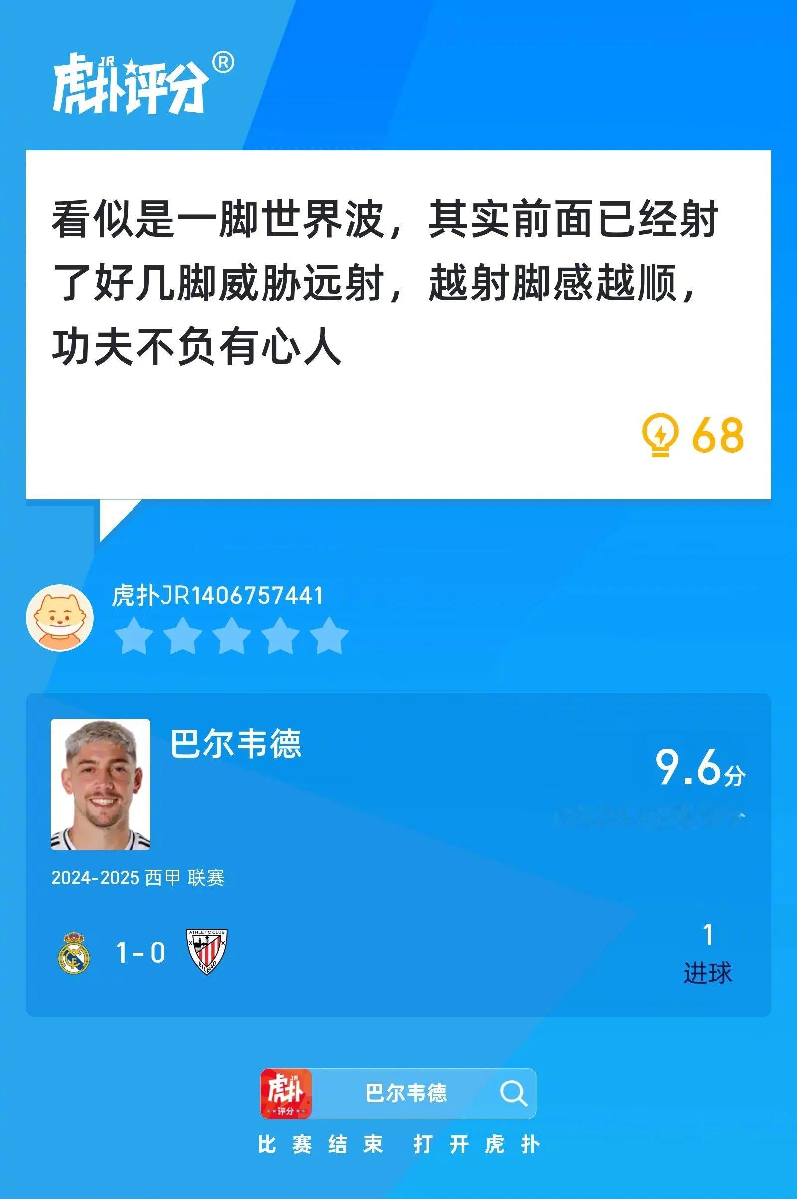 皇马1比0毕尔巴鄂竞技巴尔韦德贡献绝杀，赛后收获9.6的虎扑评分！ ​​​