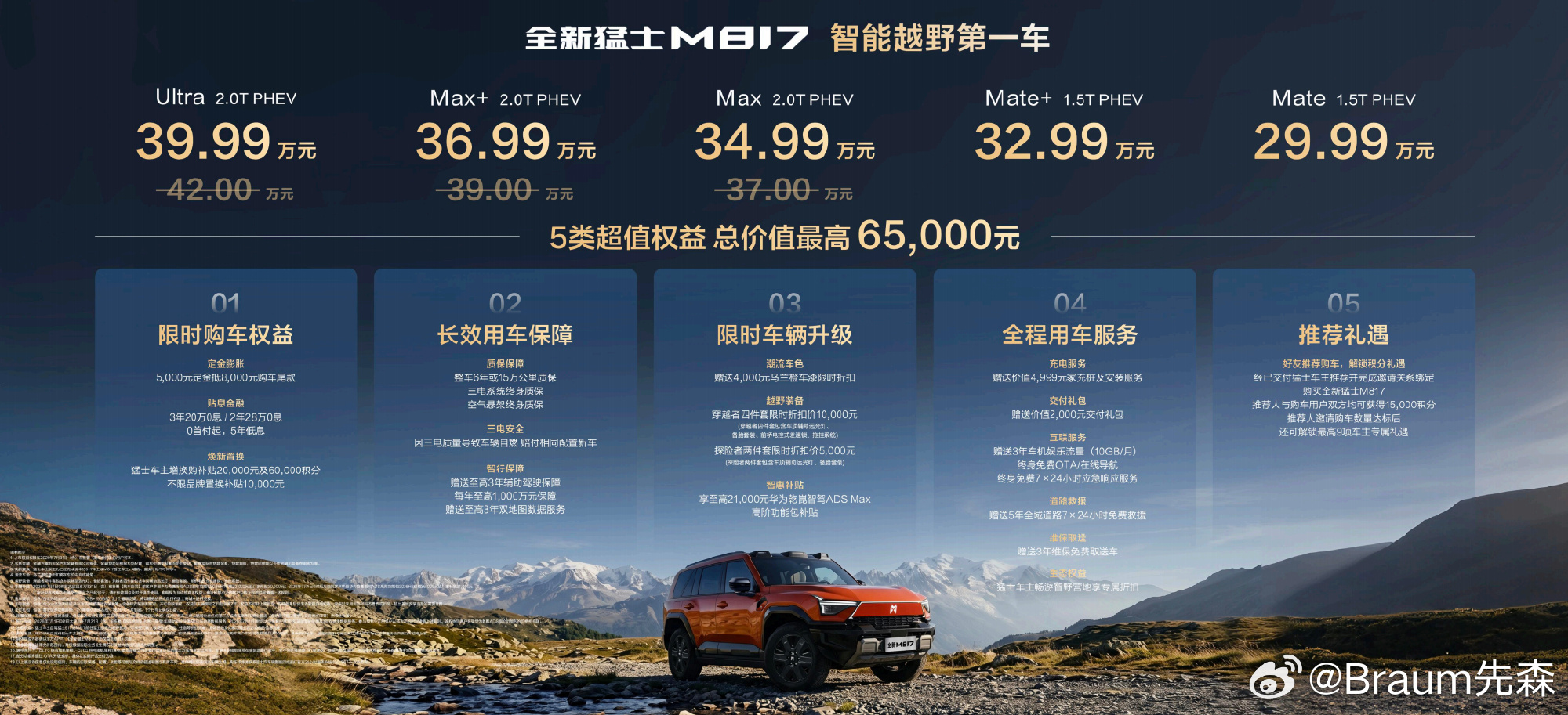 全新猛士M817正式发布，起售价29.99万元。华为乾崑与猛士汽车合作车型，降低