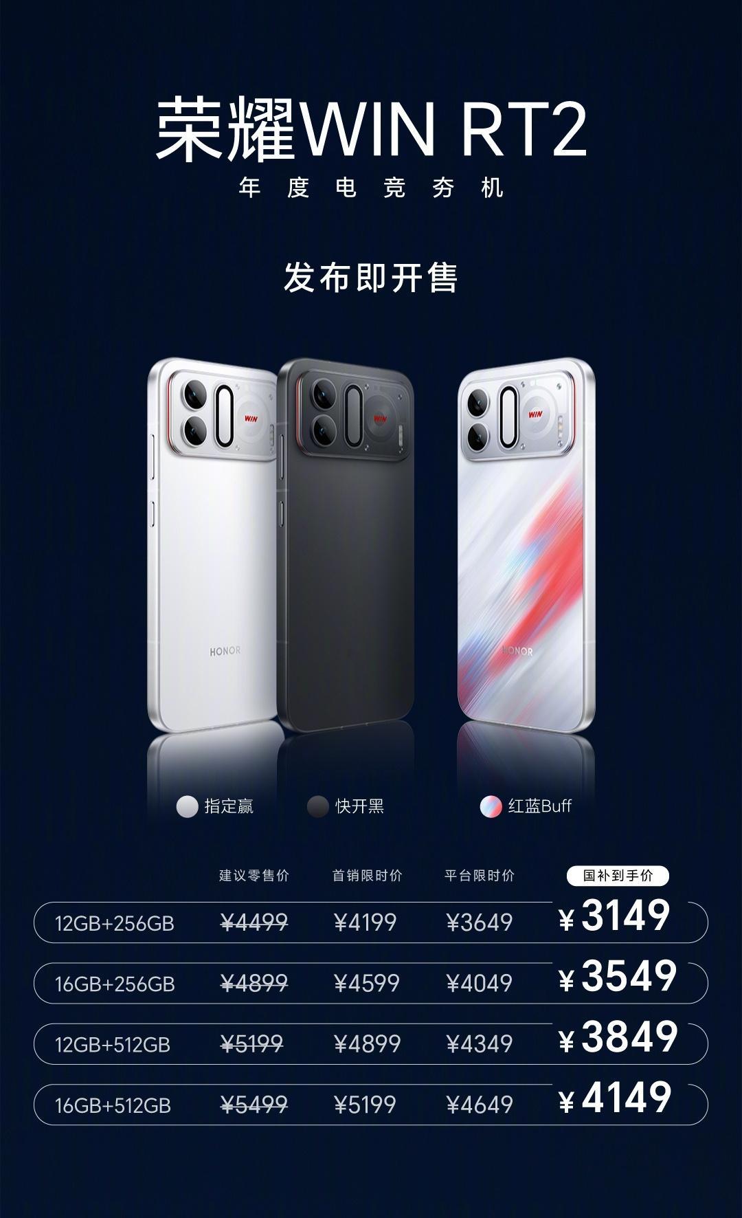 荣耀WIN2 定价相较上代的涨价情况：12GB+256GB，涨1500元；16G