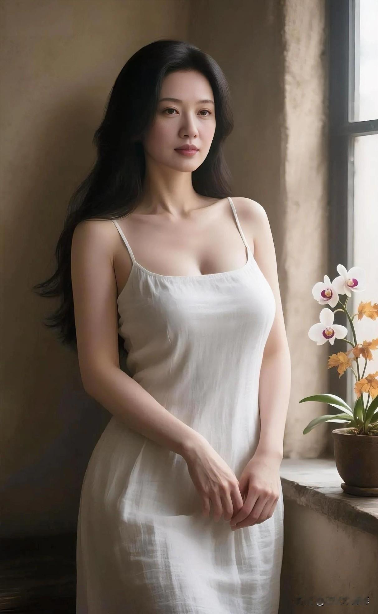 素裙如云，栖在窗畔的光阴里。

黑发似瀑，垂落温柔的暗影。

兰花开在陶盆，黄白