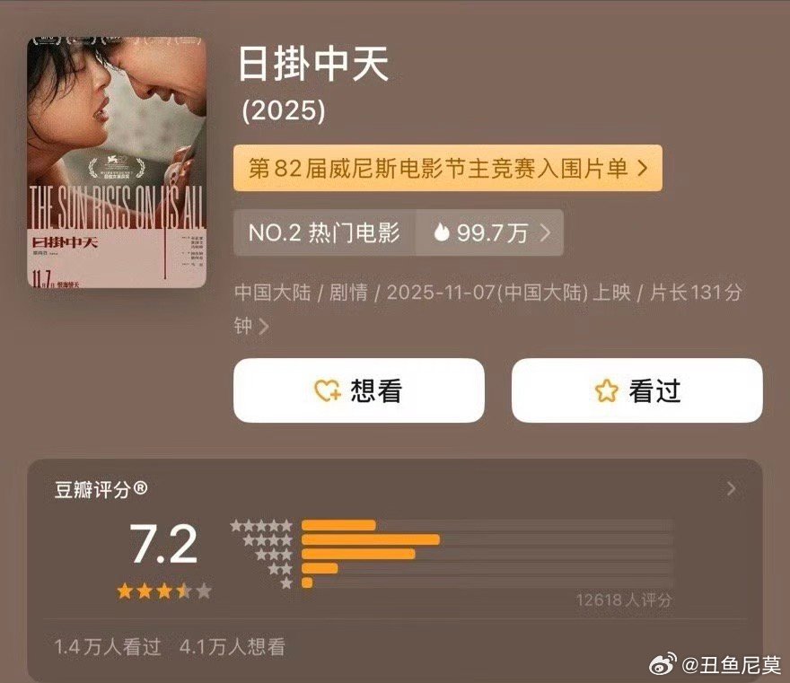 日掛中天豆瓣开分7.2  《日掛中天》豆瓣开分7.2。不过现在已经涨到7.3分了