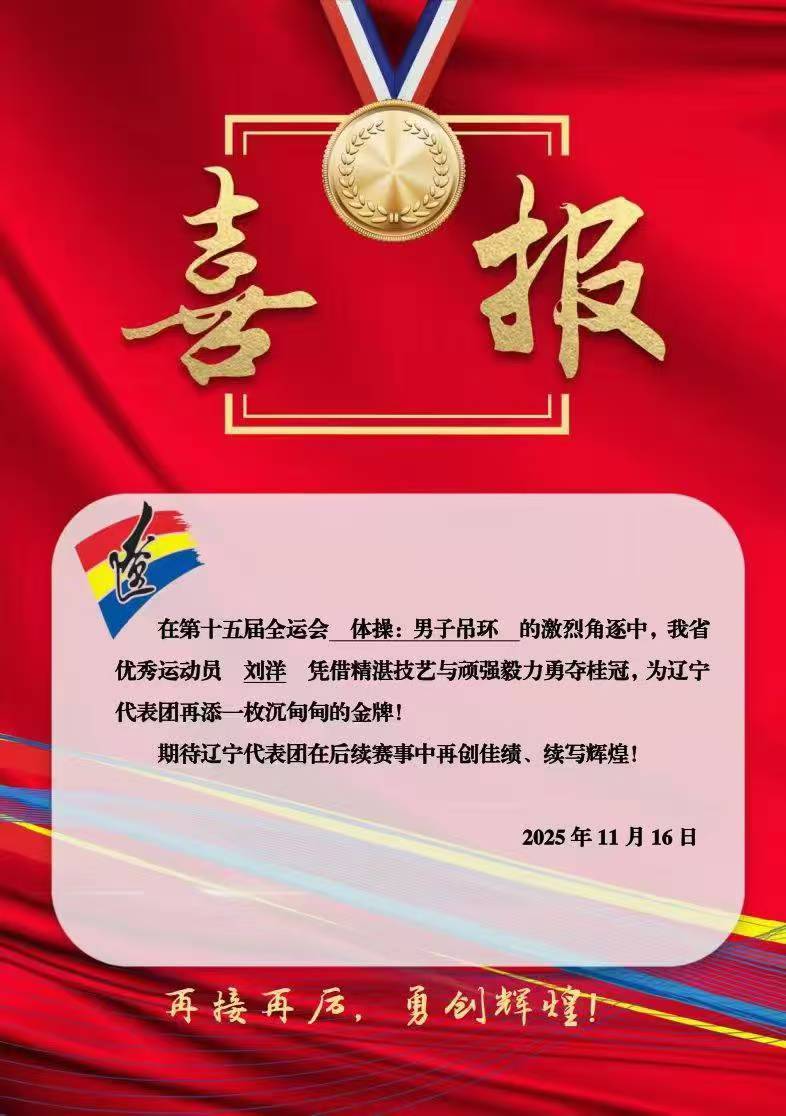 刘洋夺得十五运体操男子吊环金牌