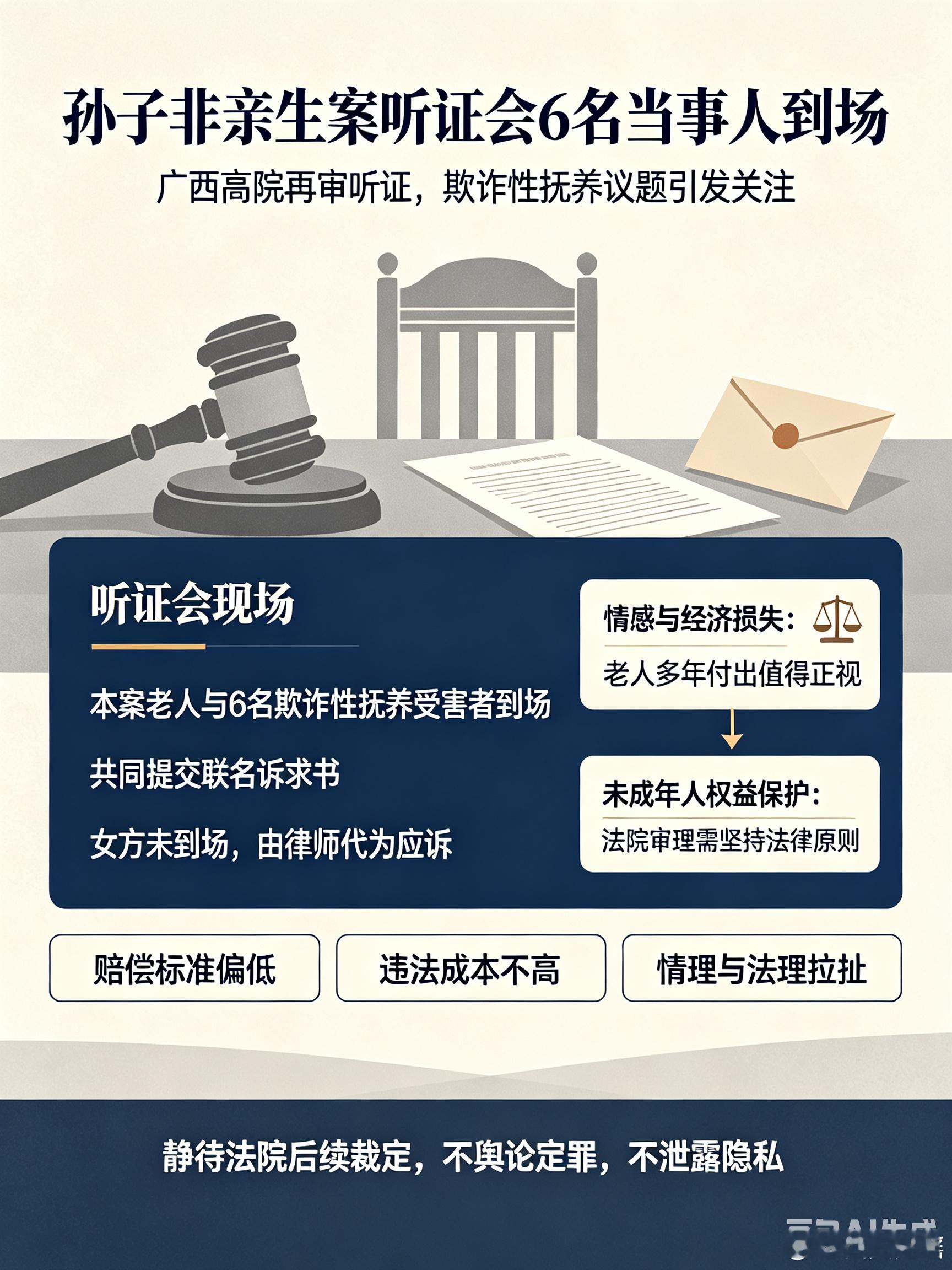 孙子非亲生案听证会6名当事人到场广西高院召开该案再审听证会，除本案老人外，另有6