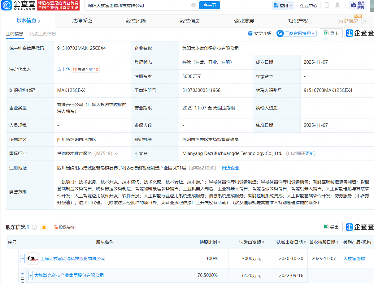 大族激光成立科技公司，含半导体器件专用设备制造业务