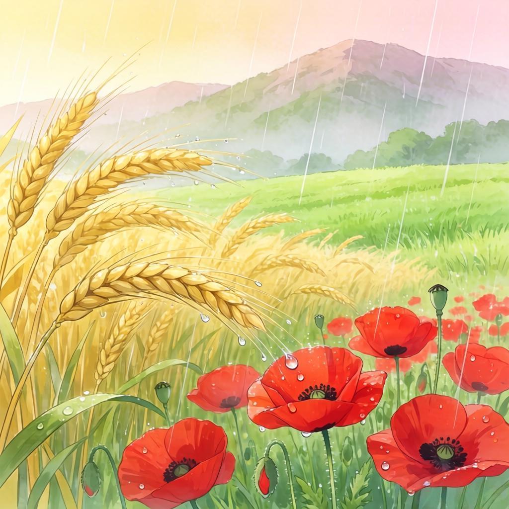 上联：阵阵和风起麦浪
下联：丝丝细雨润红花