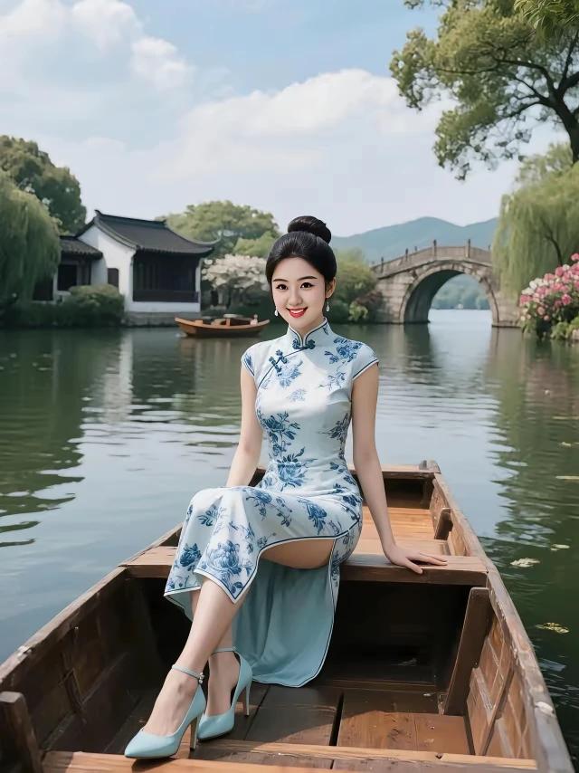 蓝天碧水，江南旗袍，
眉清目秀，美如冠玉
出水芙蓉，亭亭玉立
冰肌玉骨，花容月貌