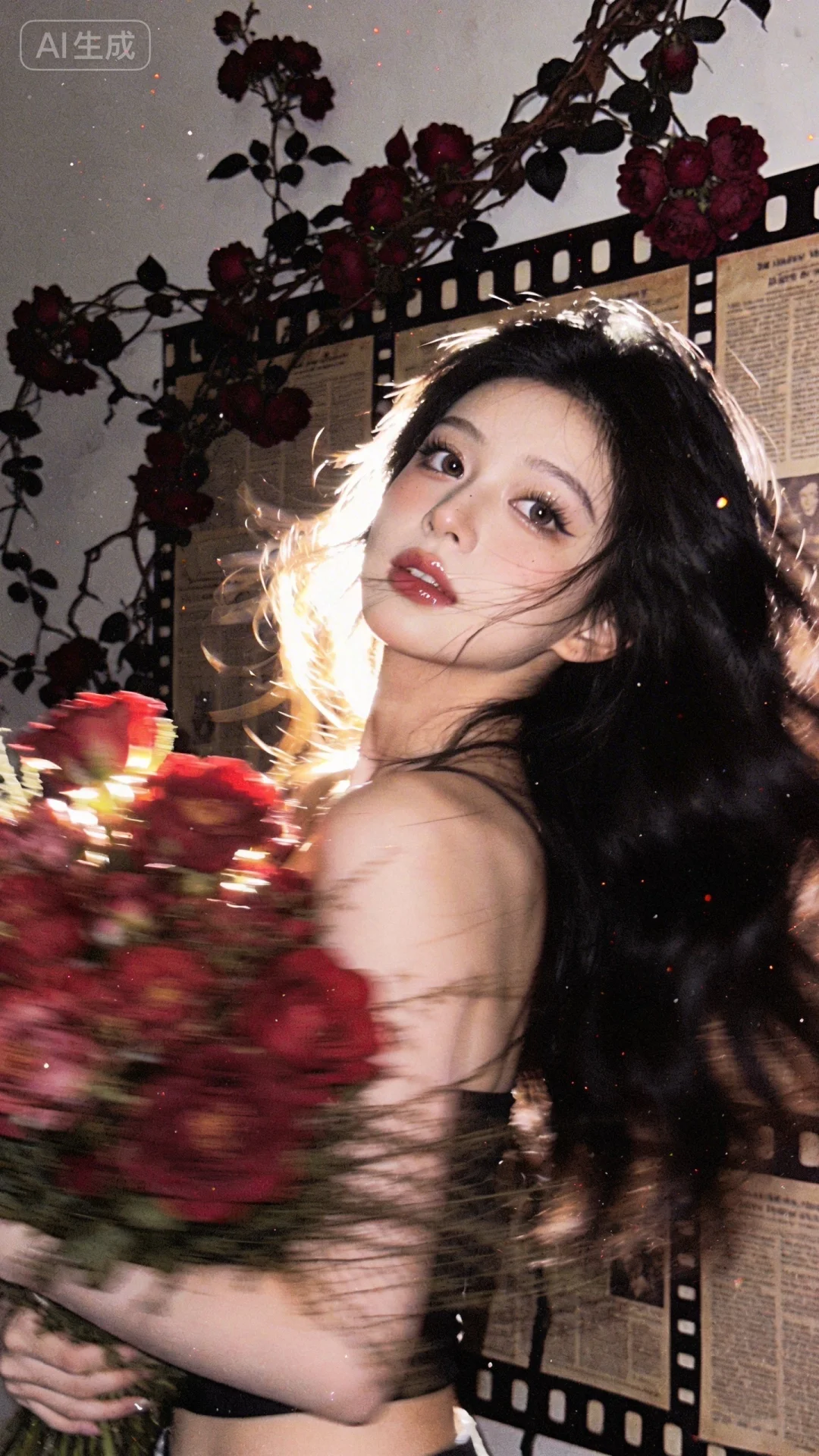 铺着复古老电影胶片切片的老照相馆背景旁爬满酒红花簇与墨棕藤蔓，复古CCD质感裹着