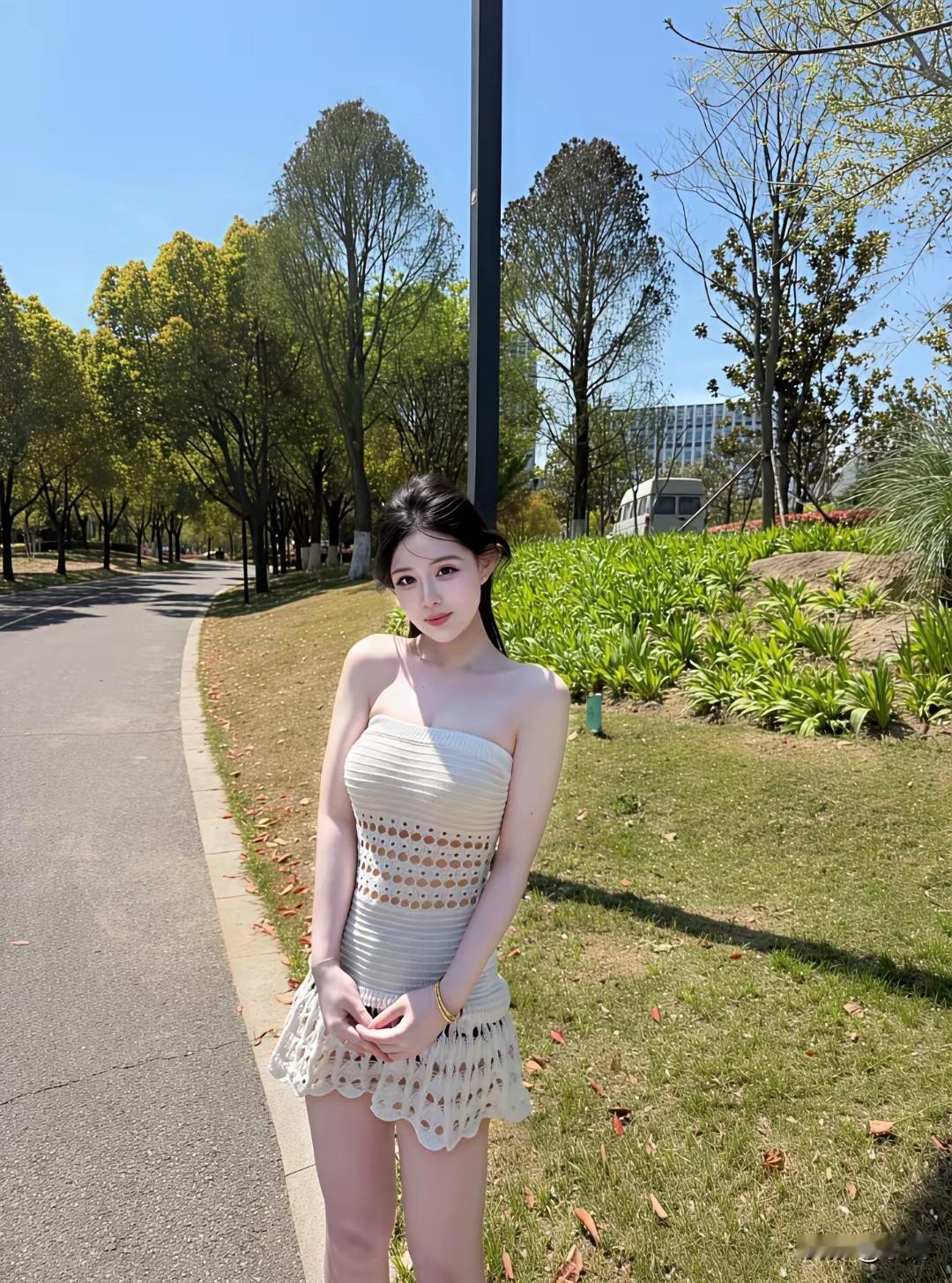 一身穿搭勾勒出优越身形。
清新外表下藏着独特魅力，一眼望去让人久久移不开视线。
