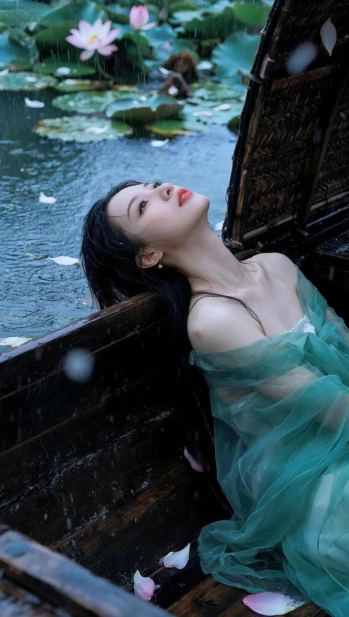 雨中仙子，静卧木舟，粉荷相伴，梦回江南