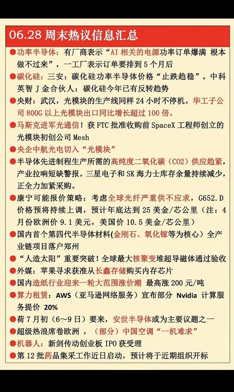 6.28周日  周末热议消息汇总！  1.功率半导体2.碳化硅3.光模块出口4.
