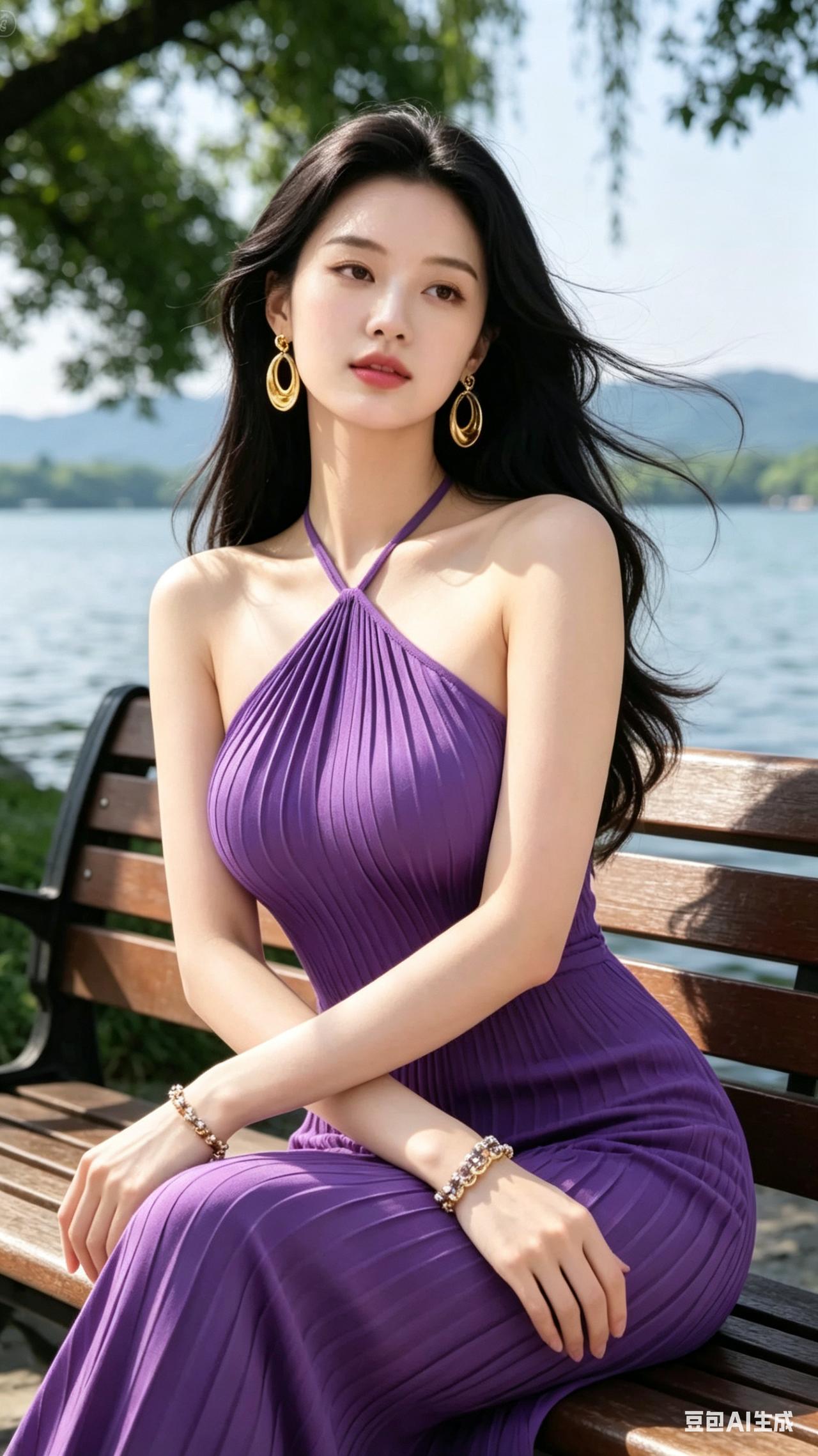 流光紫裙翩然舒展，精致金饰点缀身姿。长发随风轻扬，光影错落洒落肩头。女子静坐西湖