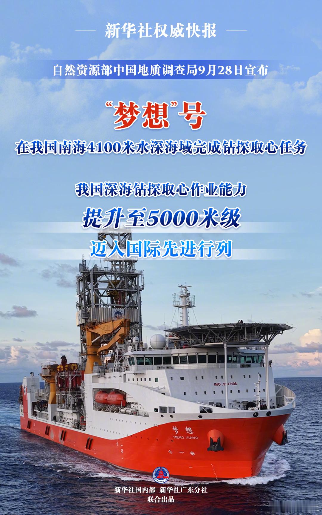 【梦想号深海钻探取心达5000米级】自然资源部中国地质调查局9月28日宣布，“梦