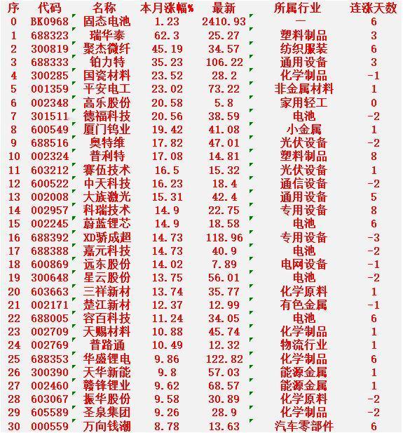 固态电池概念，十二月以来涨幅最多的30名单

瑞华泰：本月涨幅 +62.30%，