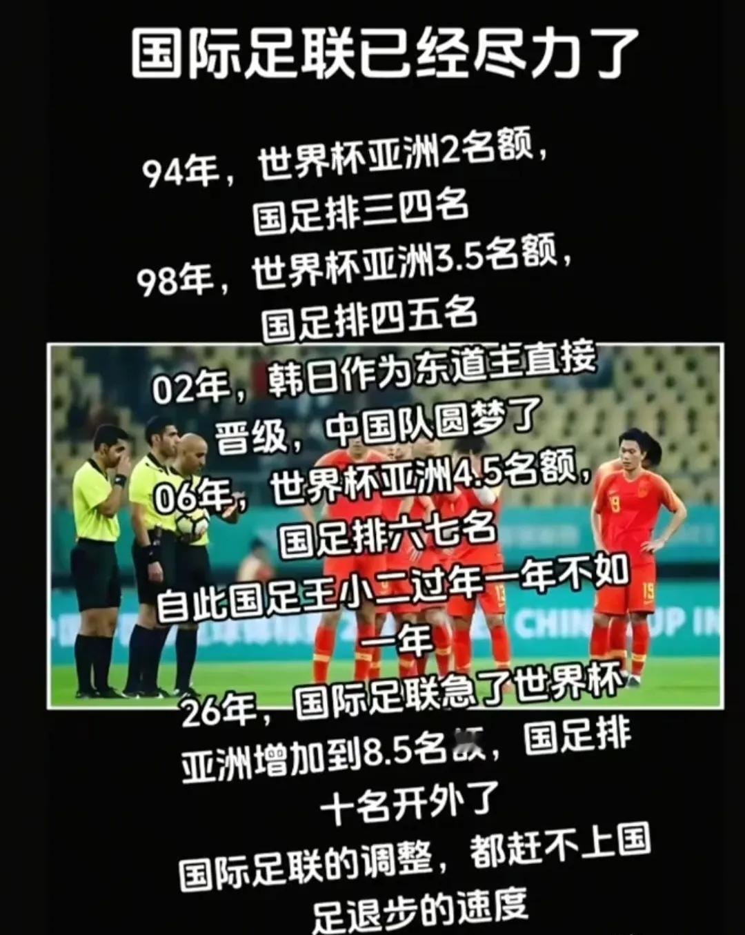 2026年的世界杯，参赛队伍要扩到48支，亚洲区能分到8.5个名额，但咱们国足现