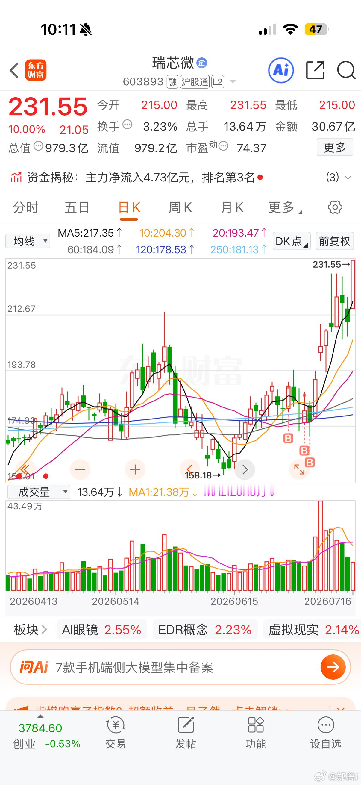 上一条微博说到：“今天科技股能多看一眼的是端测AI，涉及端测应用、高性能SOC芯