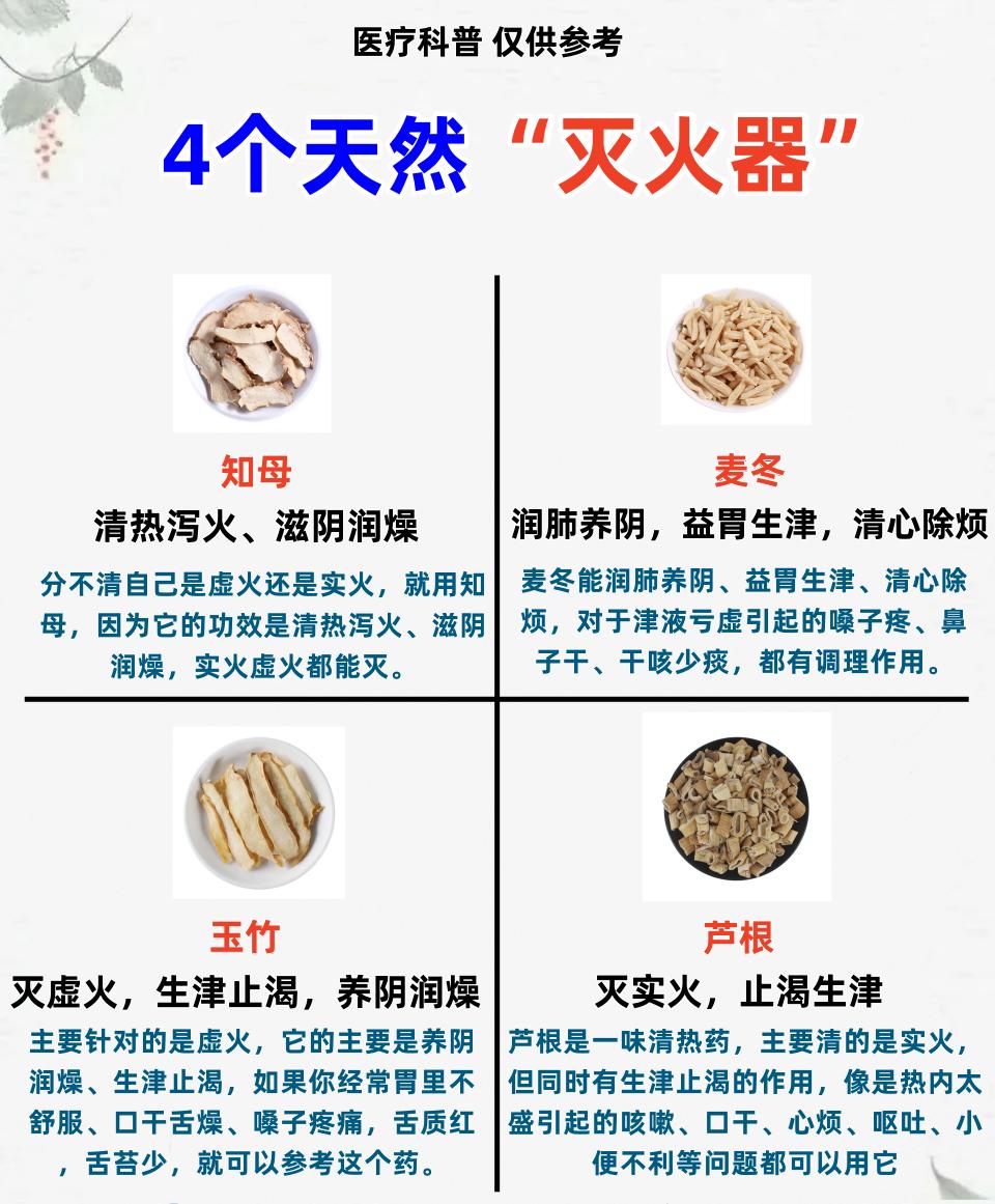 4个天然“灭火器”，清热生津不伤身

1. 知母——清热泻火，滋阴润燥
2. 麦