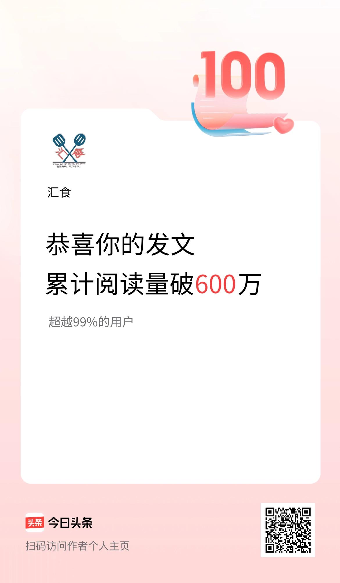 🤝我在头条累计获得阅读量破600万啦！