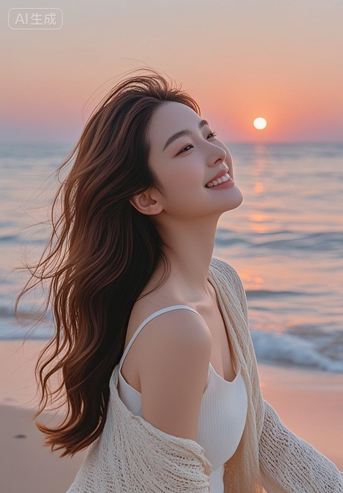 🌅 海边暮色暮色治愈系 
晚风把发梢揉得松软，
裙摆沾了些橘色的浪。
 
落日