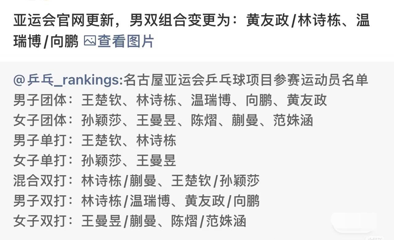 男双组合变更通知：林诗栋/黄友政 温瑞博/向鹏！
名古屋亚运会赛前还能换名单？