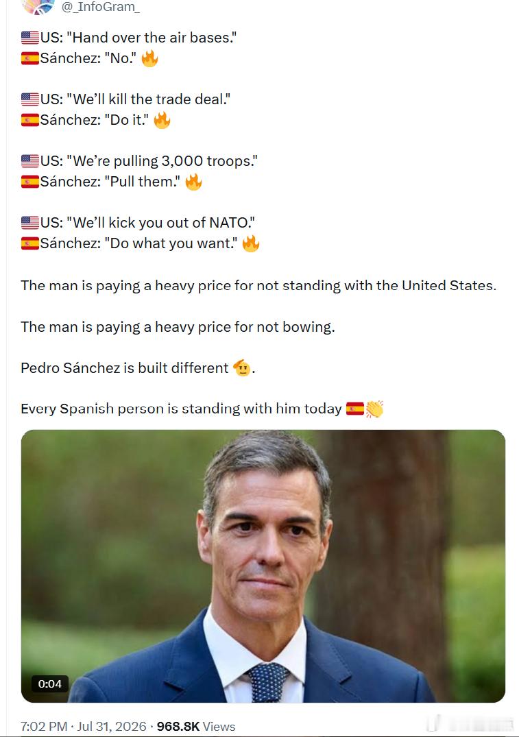 🇺🇸美国：“交出空军基地。”🇪🇸佩德罗·桑切斯：“不。”🇺🇸美国：“