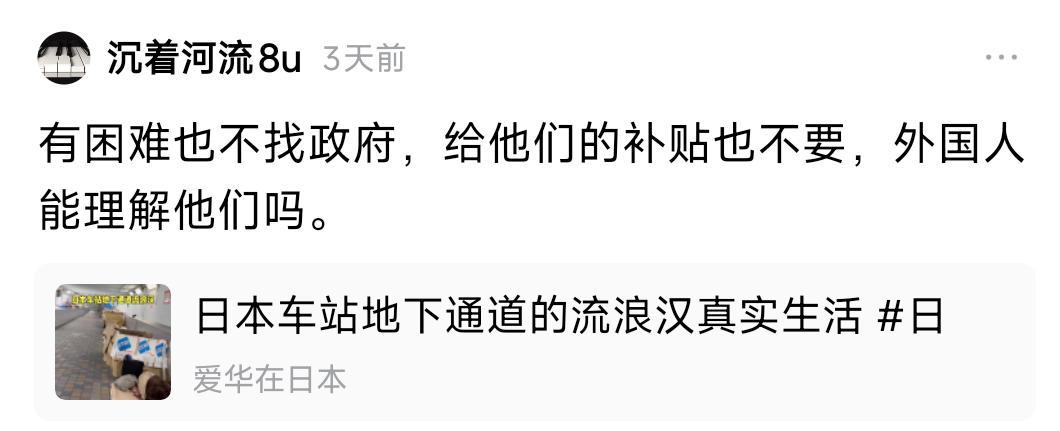 日本流浪汉，不要补贴，不麻烦日本政府。公知们都不敢这么写，但你敢。我真是佩服你的