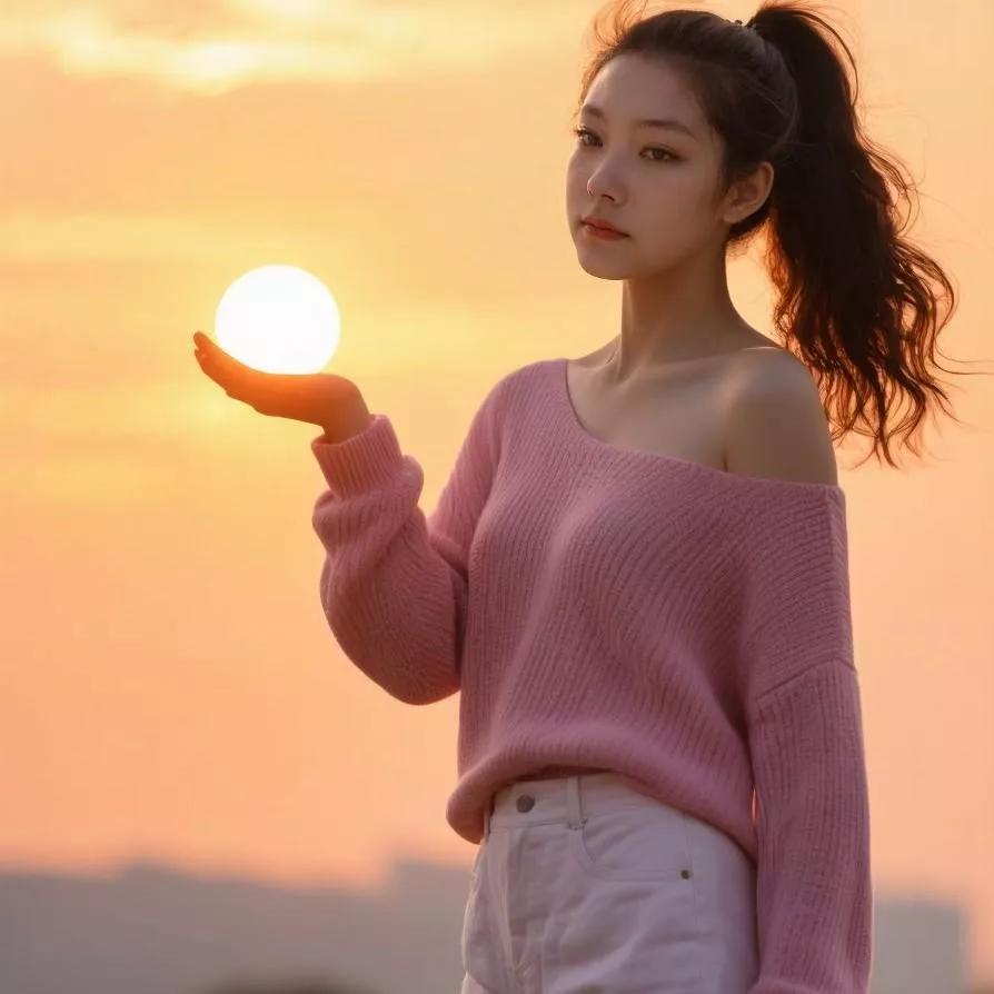 夕阳下的少女，温柔如梦，手捧暖阳秋日少女照 阳光少女照 夕阳余晖写真 江边日落少