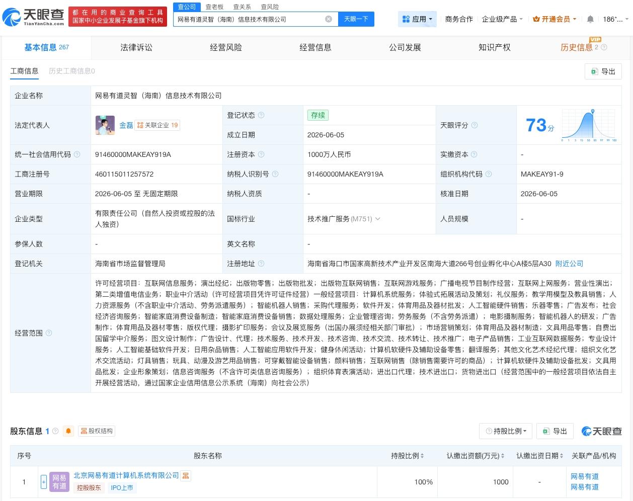 网易有道在海南成立新公司
天眼查App显示，近日，网易有道灵智（海南）信息技术有