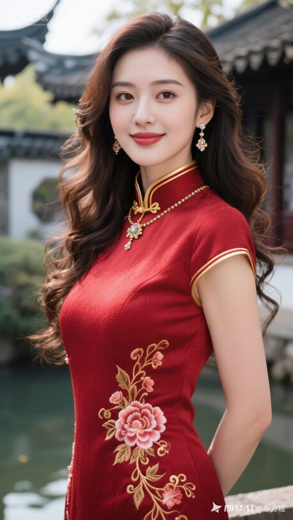 红衣美人倚古桥，笑语盈盈映碧波。