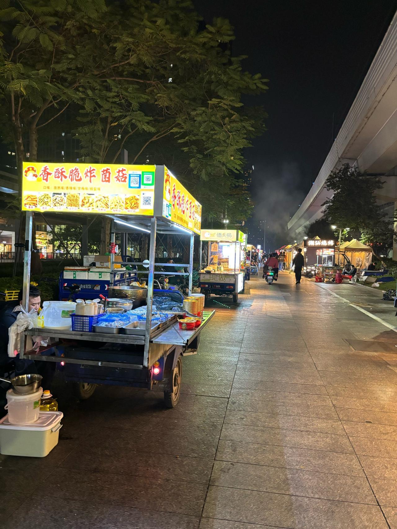 凌晨时分，街道上冷冷清清，一个大姐带着儿子和女儿在路边摆着烧饼摊。
​昏黄的灯光