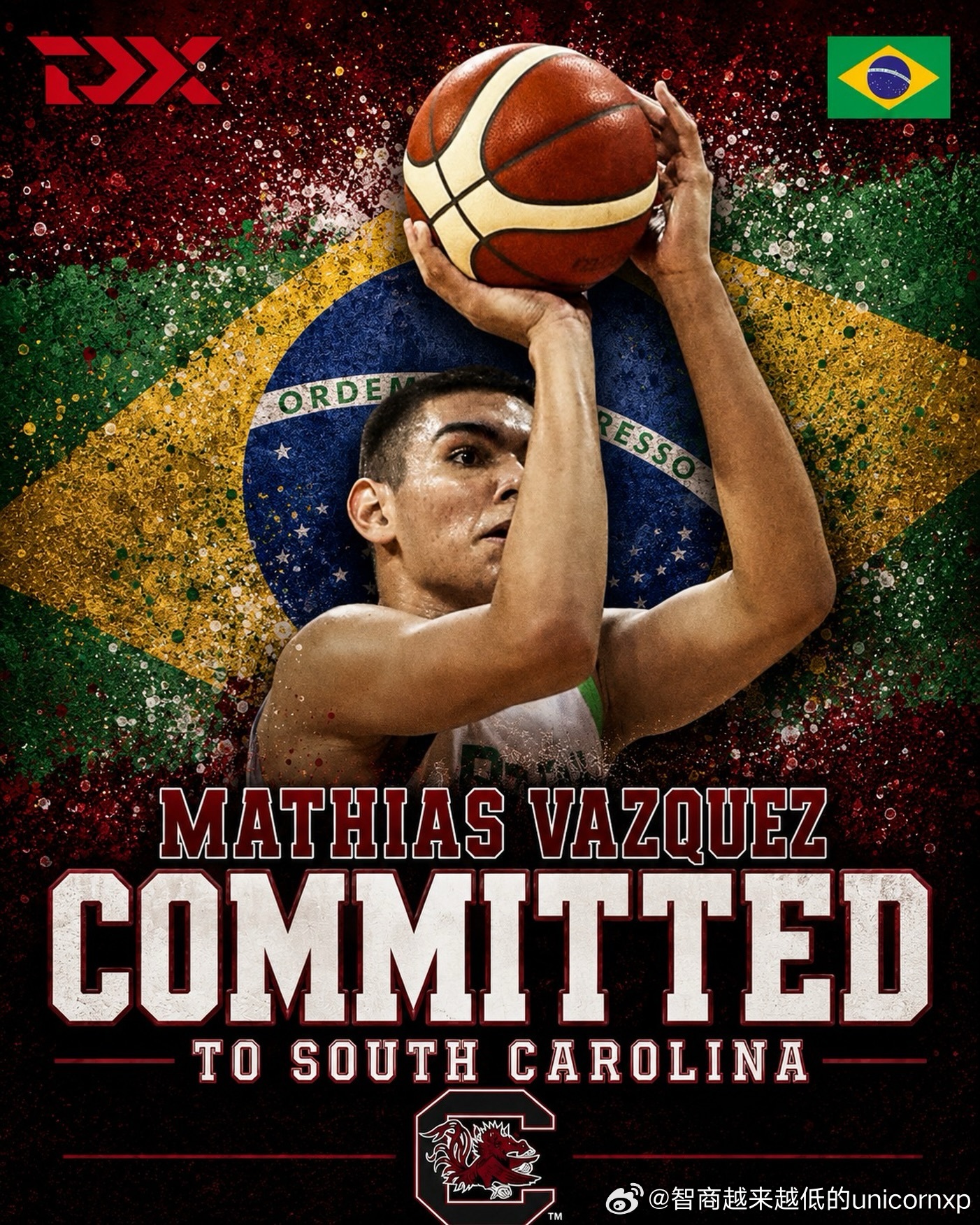 巴西前锋Mathias Vazquez(2008-203cm-SF)承诺南卡大学