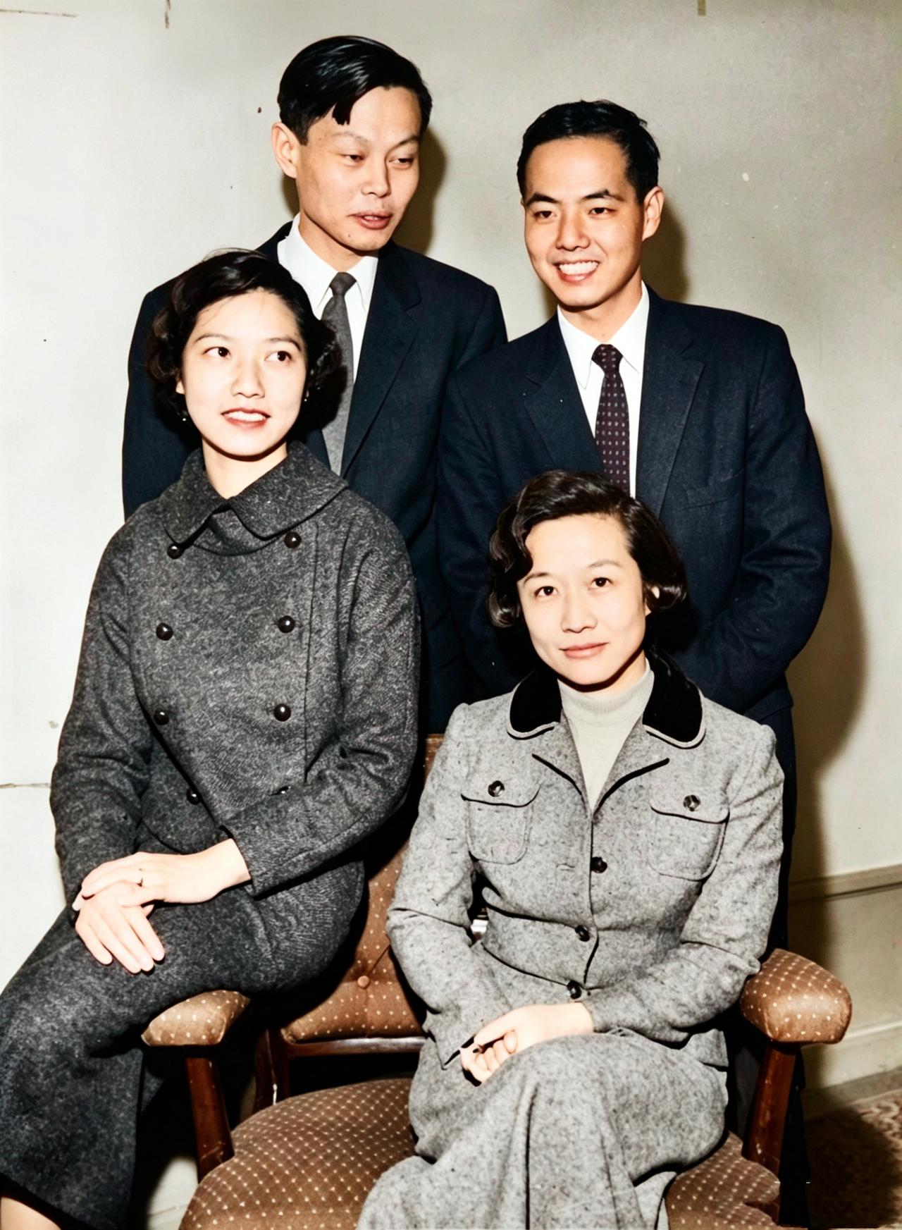 下图是诺奖颁奖期，即1957年，杨振宁夫妇和李政道夫妇的一张合影。拍照时，他们两