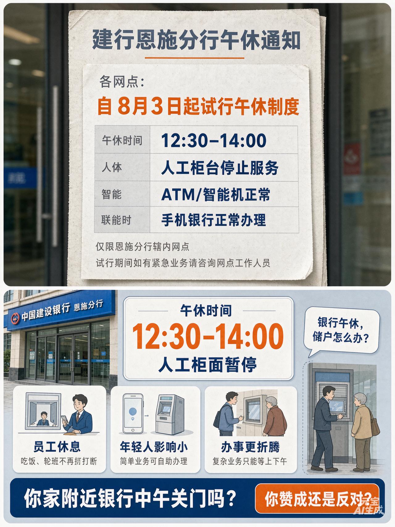 银行中午也开始“关门睡觉”了？建行一地率先试水，网友吵翻了
8 月 3 日起，建