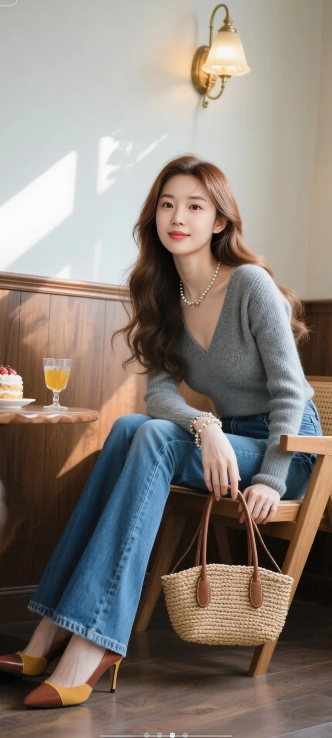 蓝色牛仔裤，搭配小高跟，小包包。