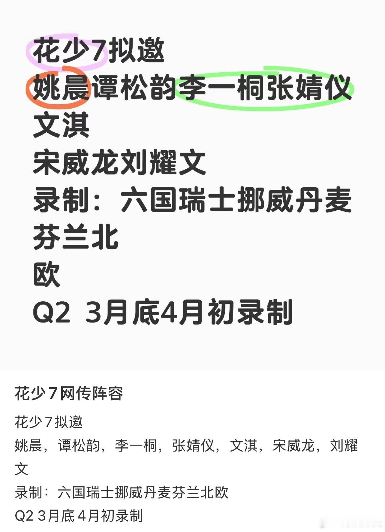 花少七拟邀阵容：姚晨、谭松韵、李一桐、张婧仪、文淇、宋威龙、刘耀文录制地点：瑞士