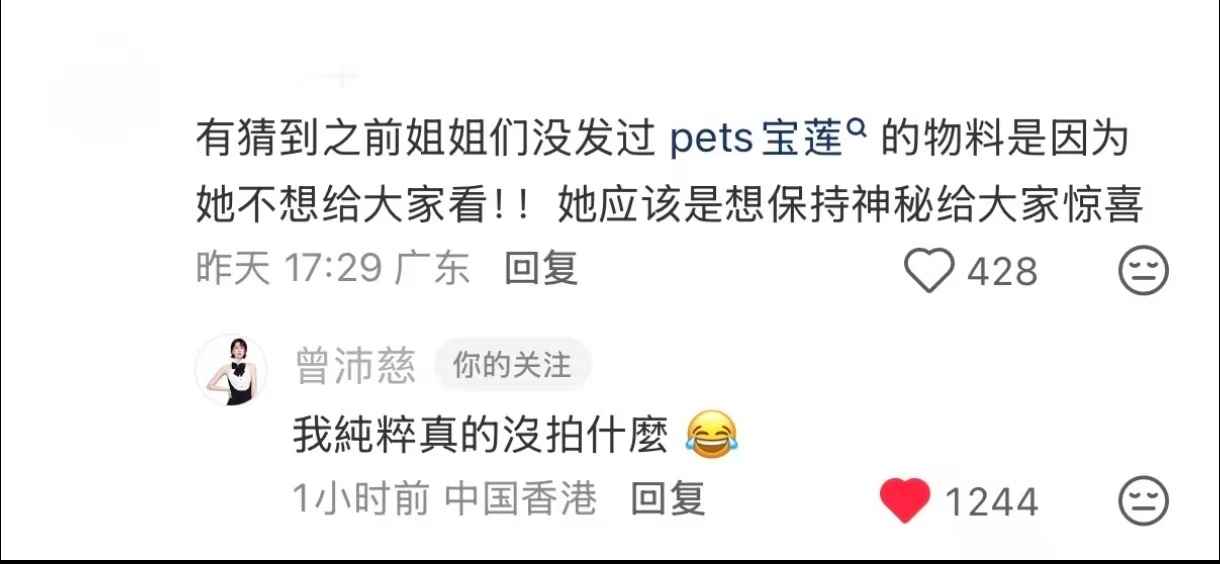 曾沛慈完全不接咯噔文学 沛慈：我纯粹没拍什么。粉丝：好的，姐说什么我们都信。这双