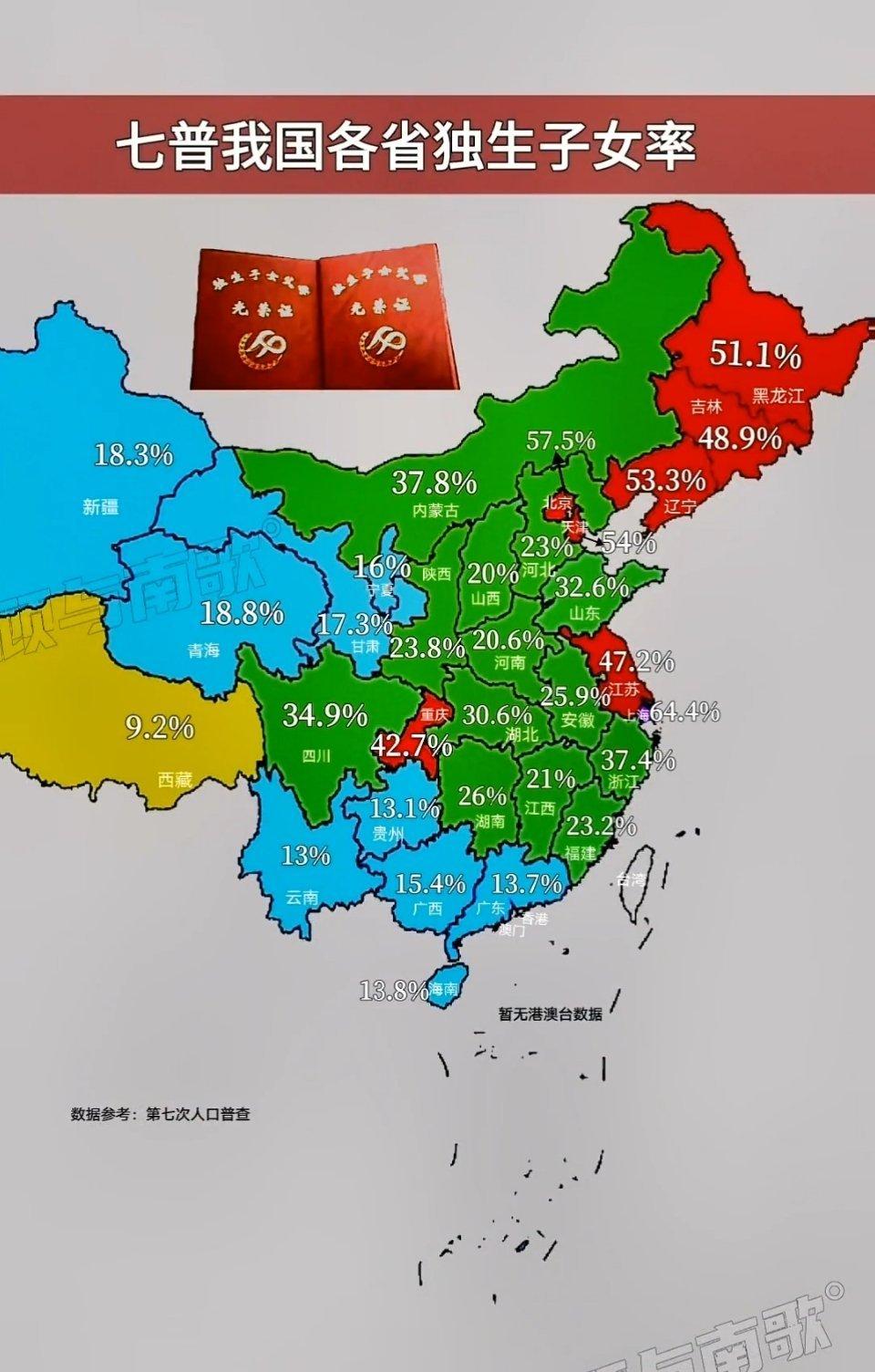 七普中国各省独生子女率：可以看出，辽宁、黑龙江、吉林是全国执行计生最好的省份；而