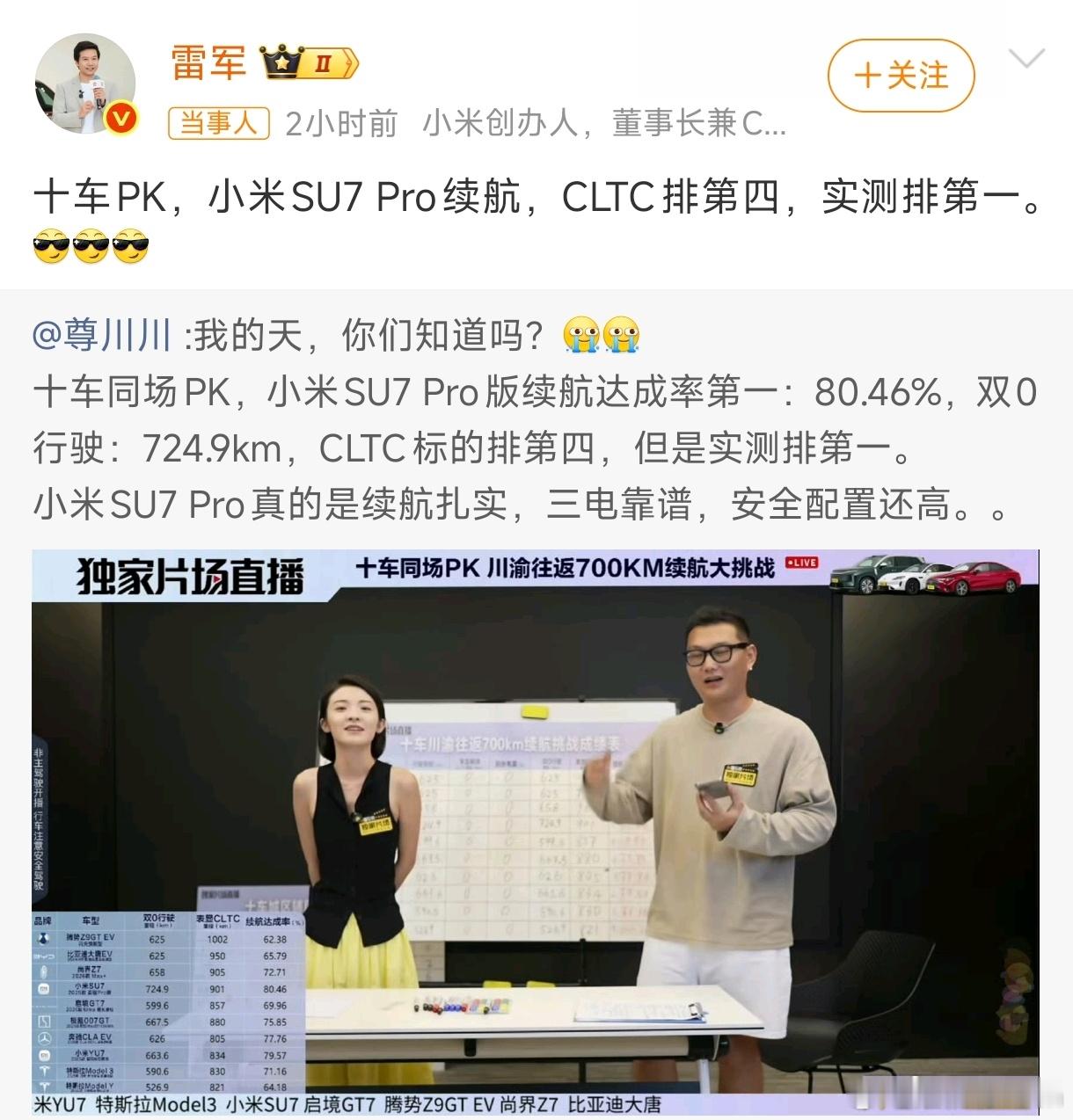 雷军回应SU7Pro续航实测第一 续航这东西，官方CLTC看看就行，实测才是照妖
