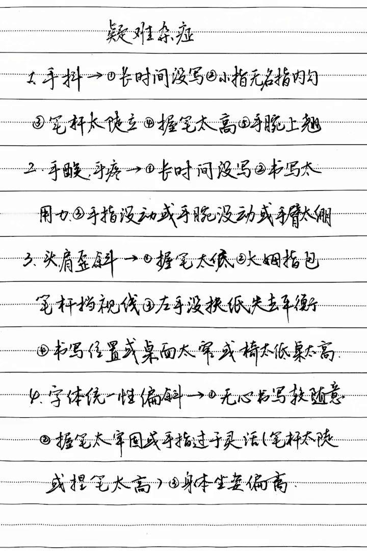 疑难余症。
·1.手抖。时间没写，小指无法指购勾。
·2.手酸。哥疾→0卡时间段