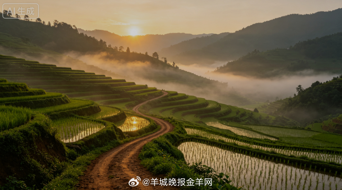 #早安# 盛夏拂晓，薄薄晨雾缠绕层层青绿梯田，柔和朝阳漫过田垄。走在蜿蜒泥土小道