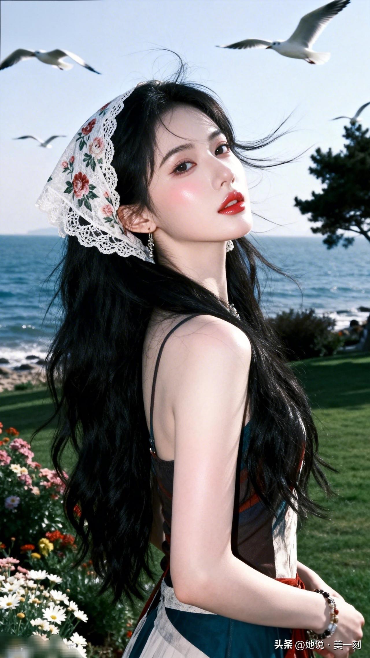 海边漫步，黑发飘逸，红唇轻启，海鸥相伴，花海相映，唯美瞬间。甜美小仙女的穿搭