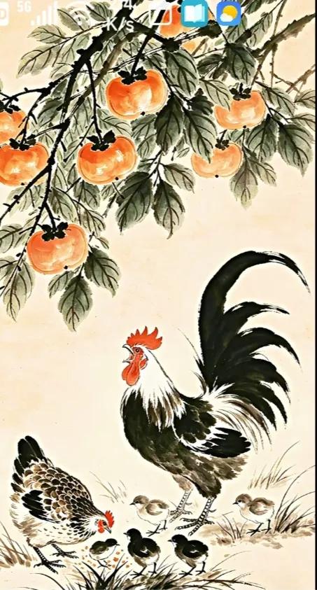 〔欣赏图片〕
图中画面真精彩；
公鸡母鸡都来到；
另外还有小鸡崽；
柿子挂满树枝