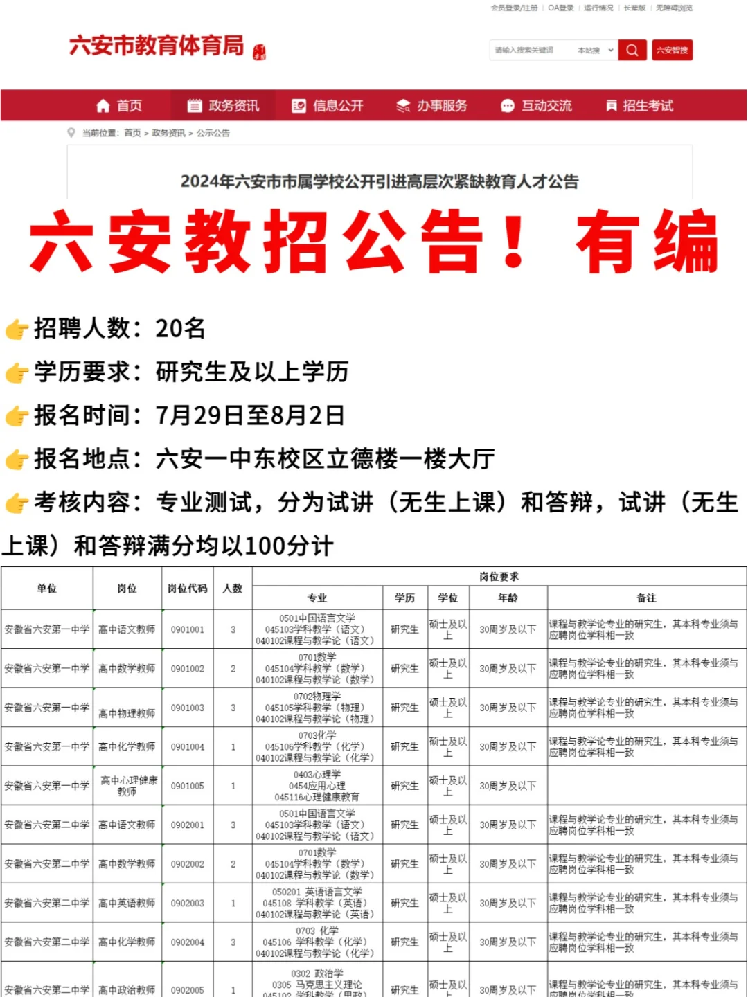 六安教招公告~有编！7月29开始报名