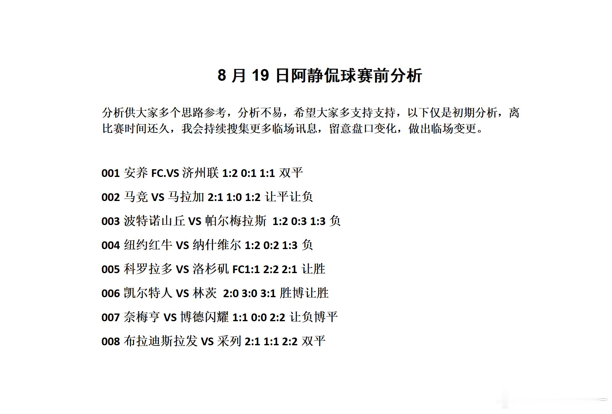8月19日阿静侃球赛前分析分析供大家多个思路参考，分析不易，希望大家多支持支持，